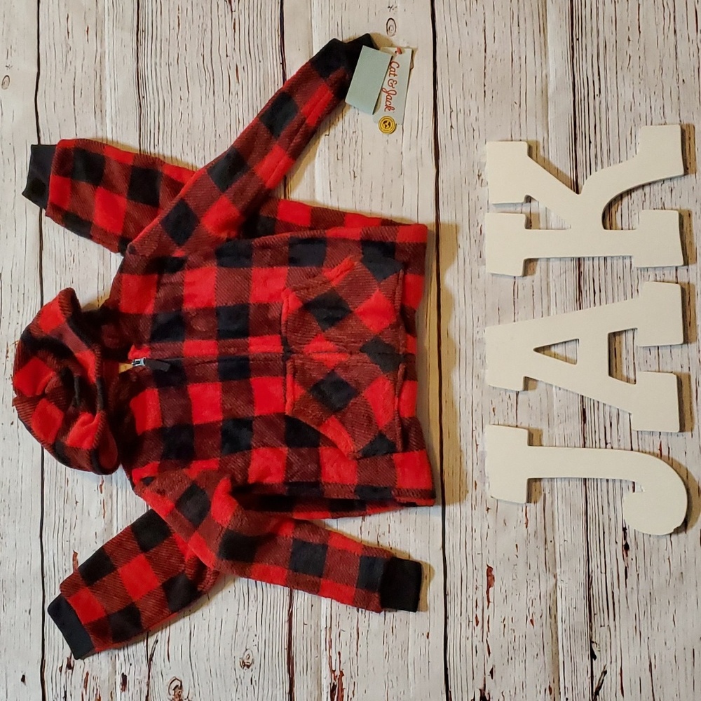 🆕️ CAT & JACK KID'S RED AND BLACK PLAID ONESIE PAJAMA 🌛